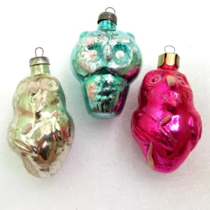 Set of 3 Vintage USSR Glass Christmas Tree Ornaments Owls