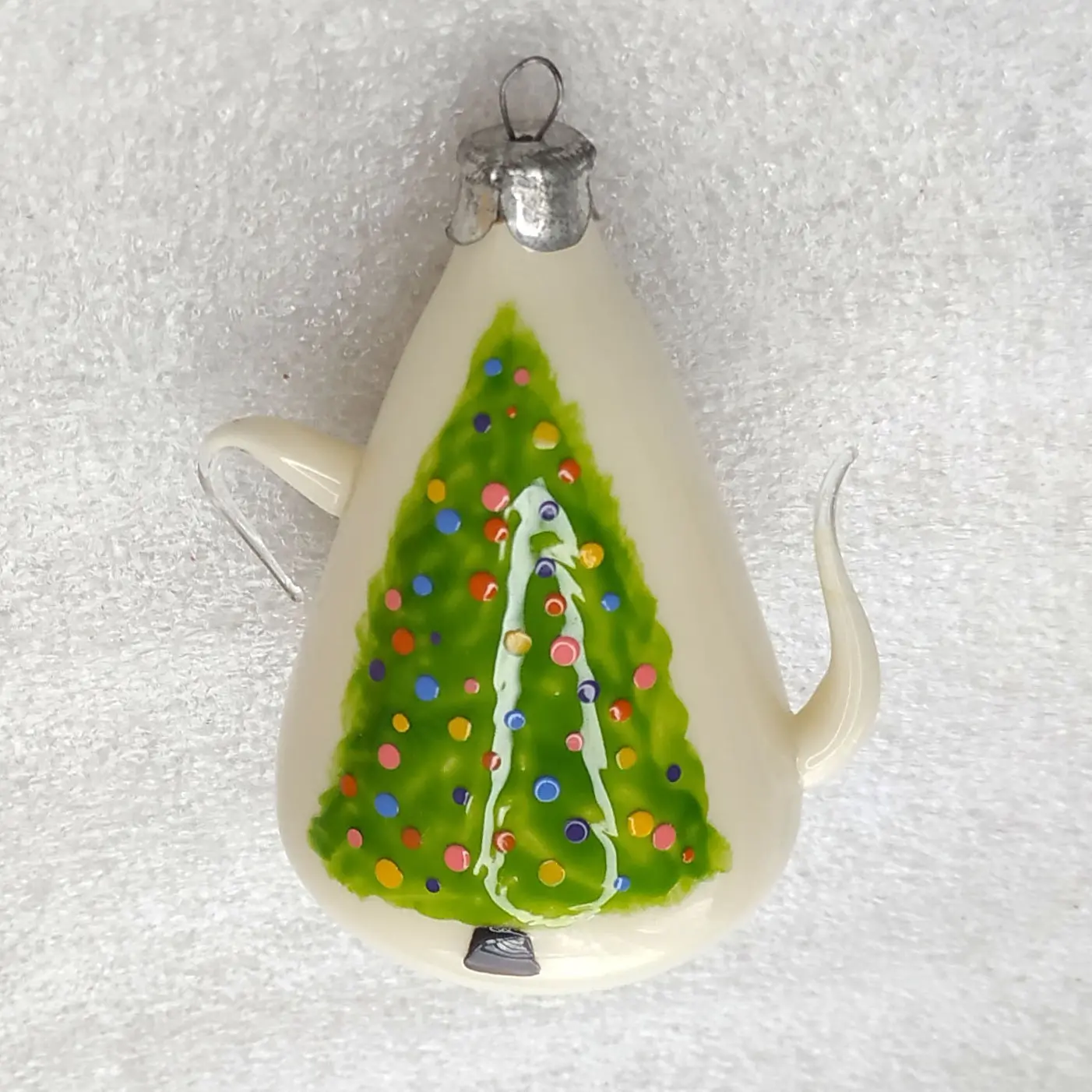 Vintage Glass Christmas Ornament Teapot with Tree Soviet Style Retro