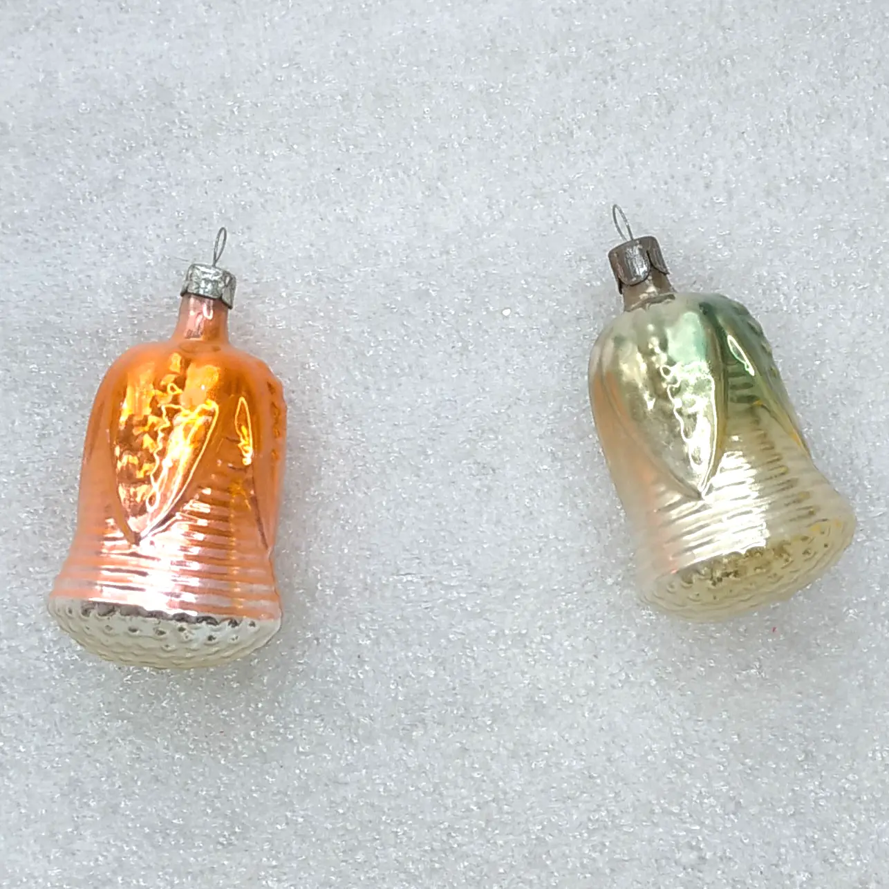 Set of 2 Vintage Soviet Silver Glass Christmas Ornaments Flower Bells