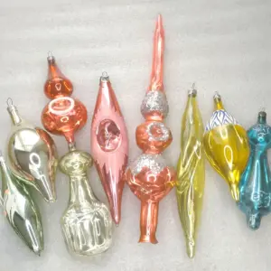 Set of 9 Vintage Soviet Silver Glass Christmas Ornaments Icicles & Tree Top Decor