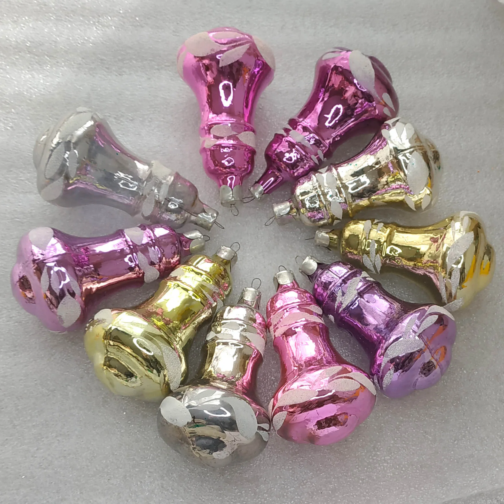 Set of 10 Vintage Silver Glass Christmas Tree Ornaments Bells