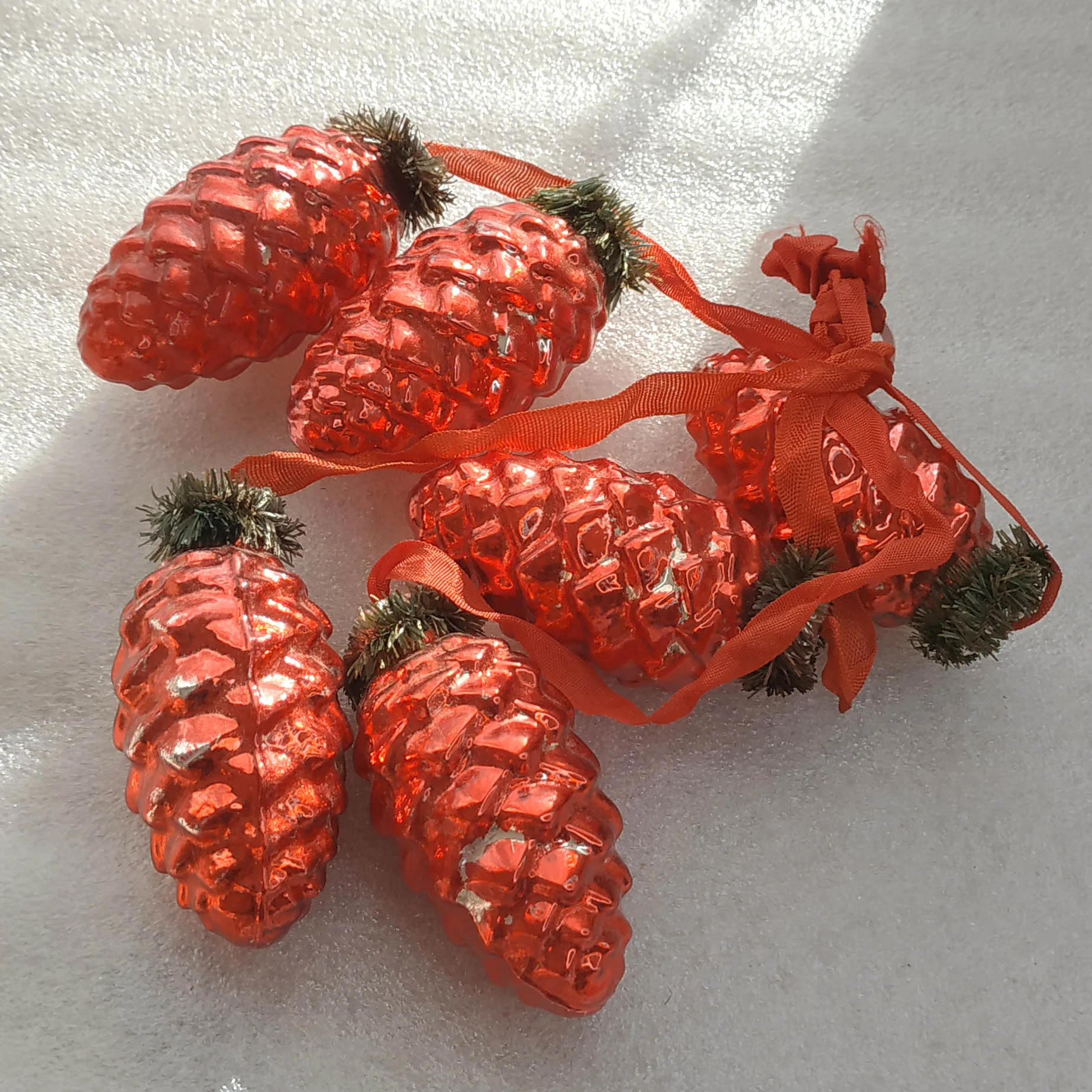 Set of 6 Vintage Silver Glass Christmas Tree Ornaments GDR Pinecones