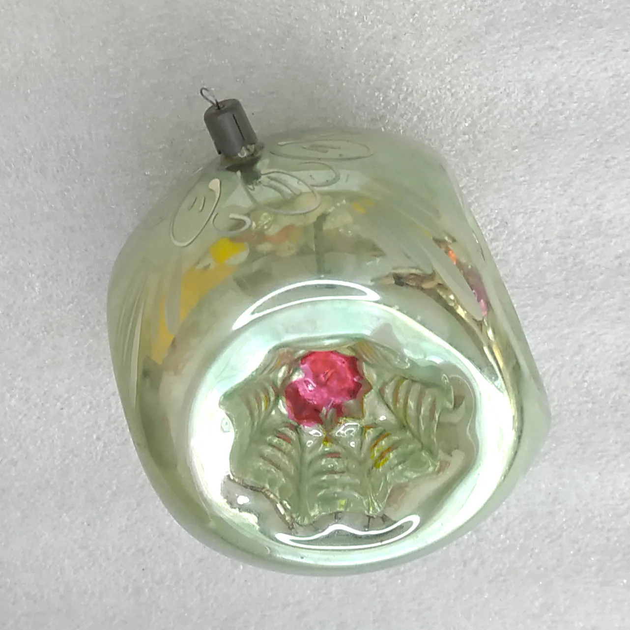 Large Vintage USSR Glass Christmas Ornament REFLECTOR Spotlight Green Silver 4"
