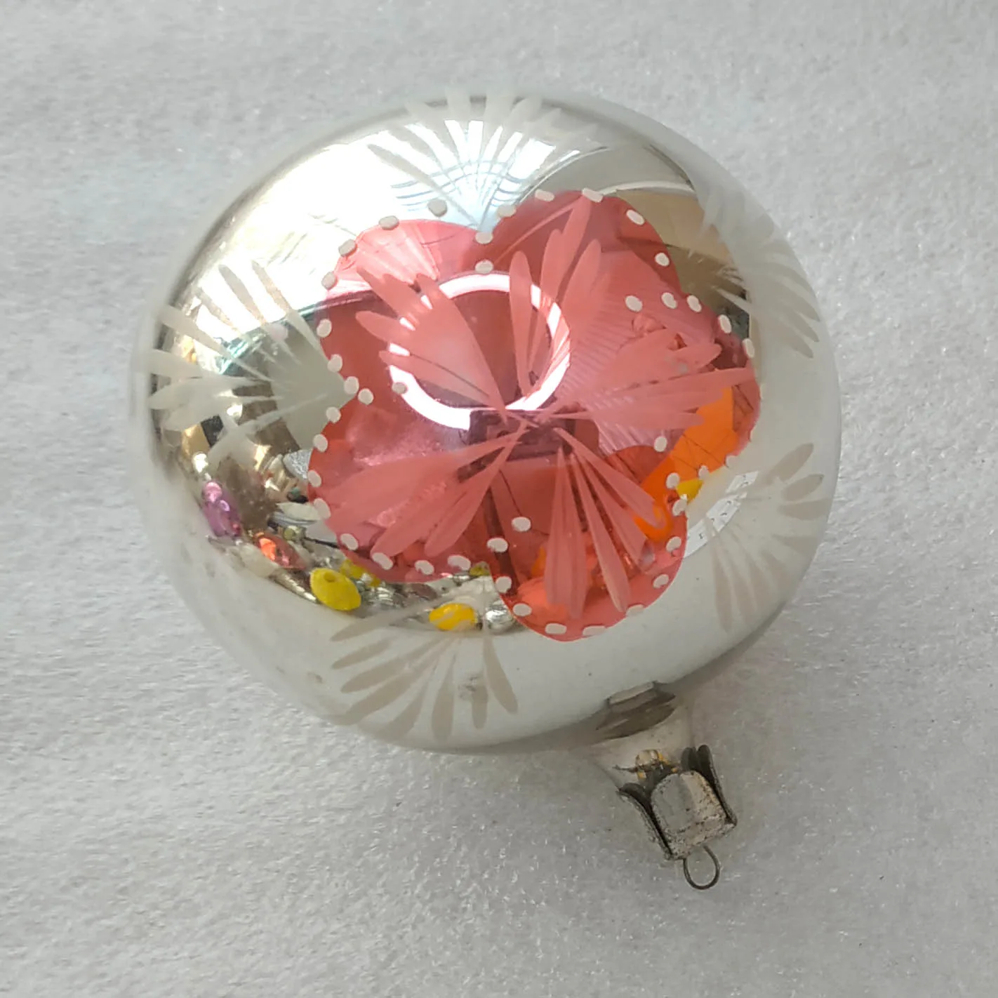Large 3.5" Vintage USSR Glass Christmas Ornament Silver Ball Flower