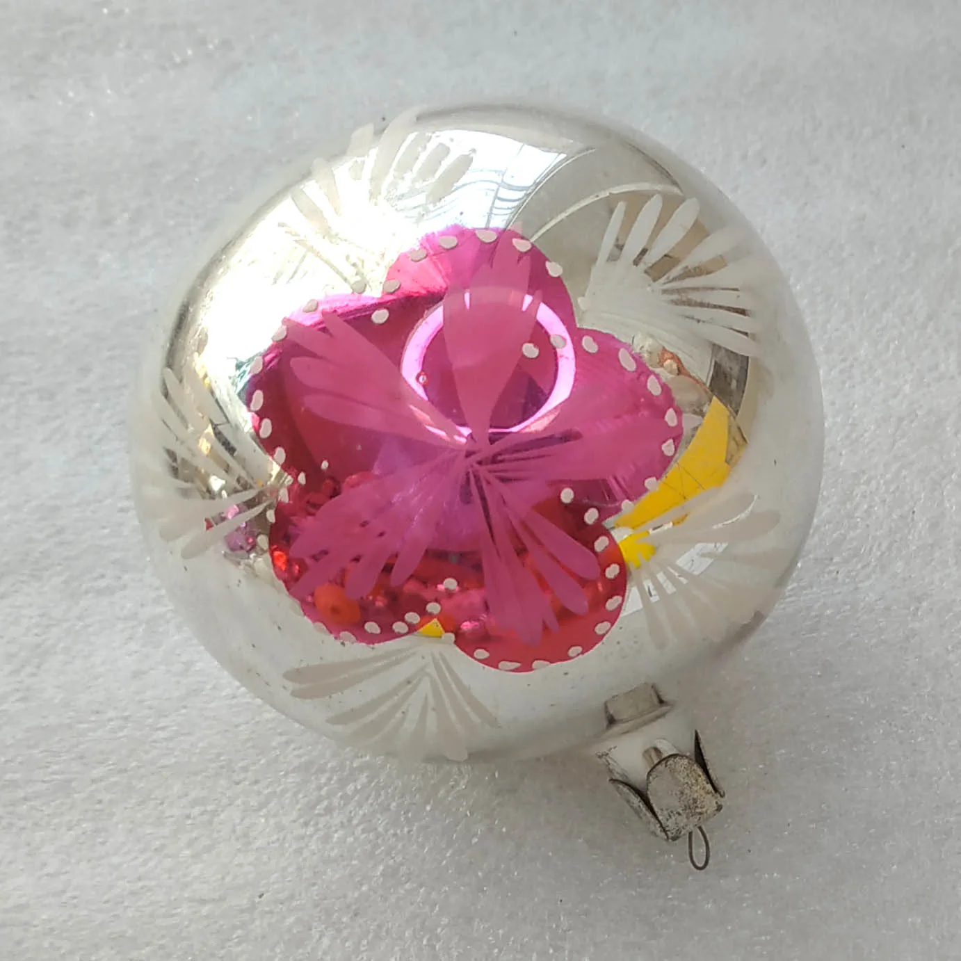 Large 3.5" Vintage USSR Glass Christmas Ornament Silver Ball Flower