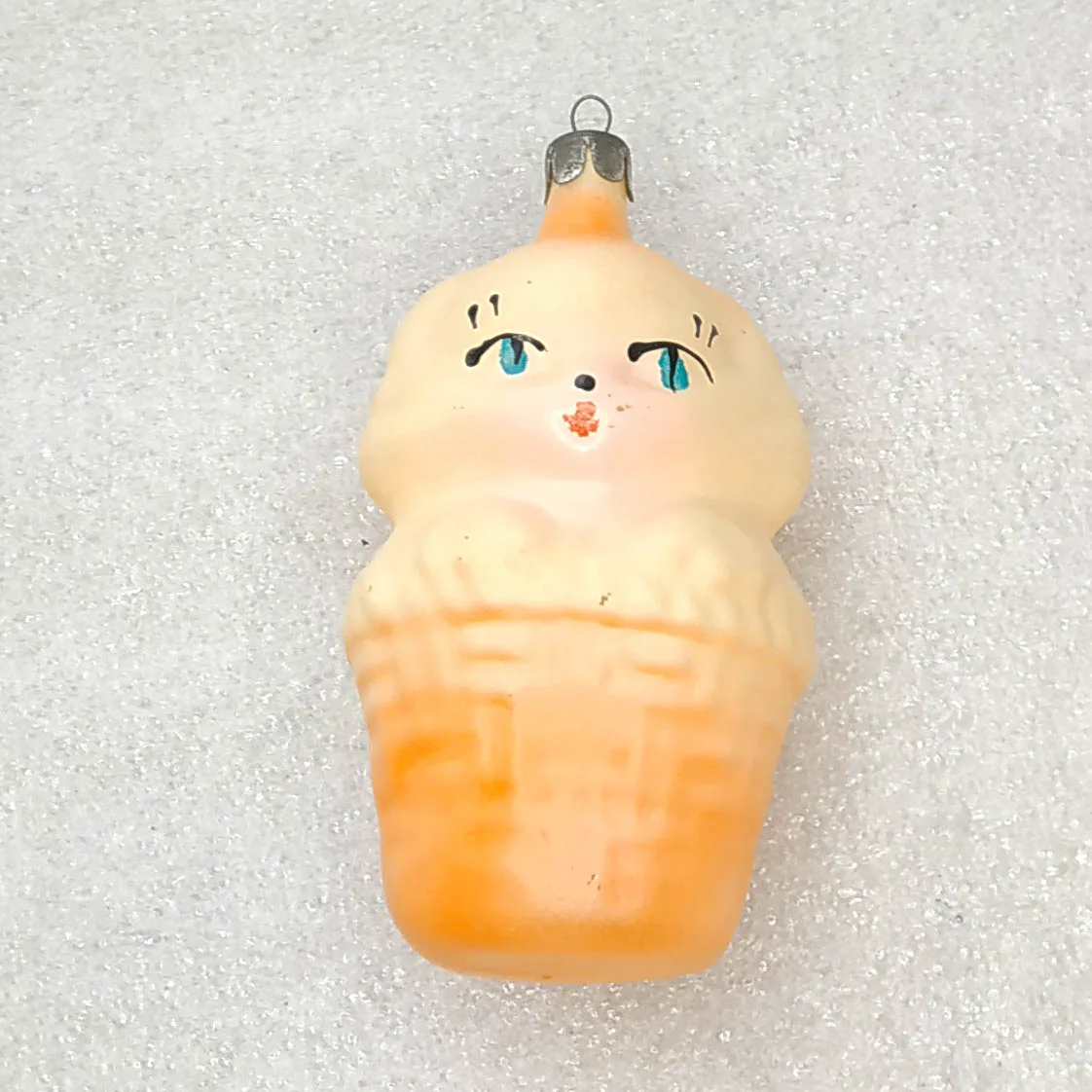 Vintage Glass Ornament Kitten in Basket USSR Christmas Cat Bauble