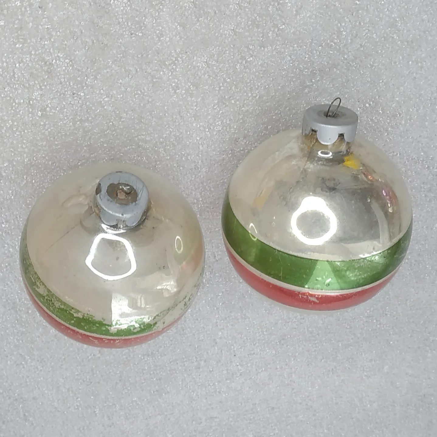 Pair of Vintage Glass Christmas Ornaments Striped Mid-Century Balls USSR