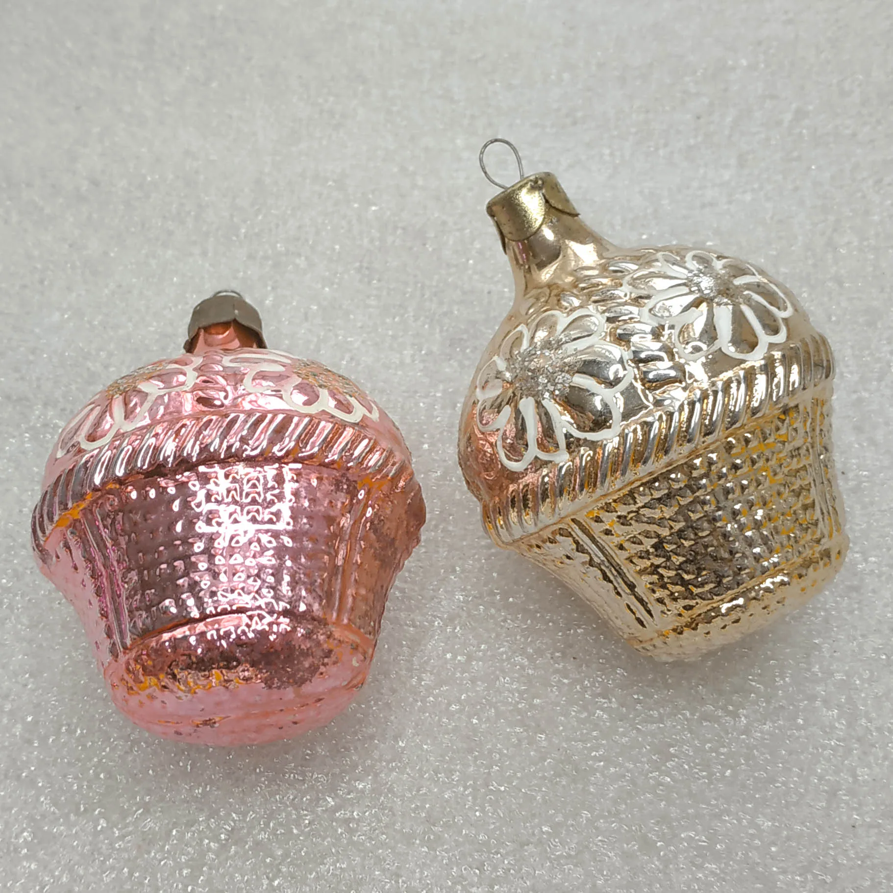 Set of 2 USSR Silver Glass Christmas Tree Ornaments Baskets