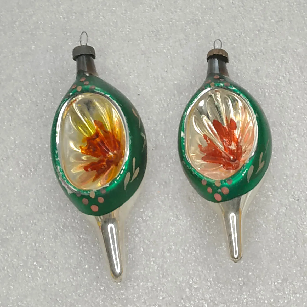 Pair of Vintage Glass Christmas Ornaments Green Indent Reflector USSR