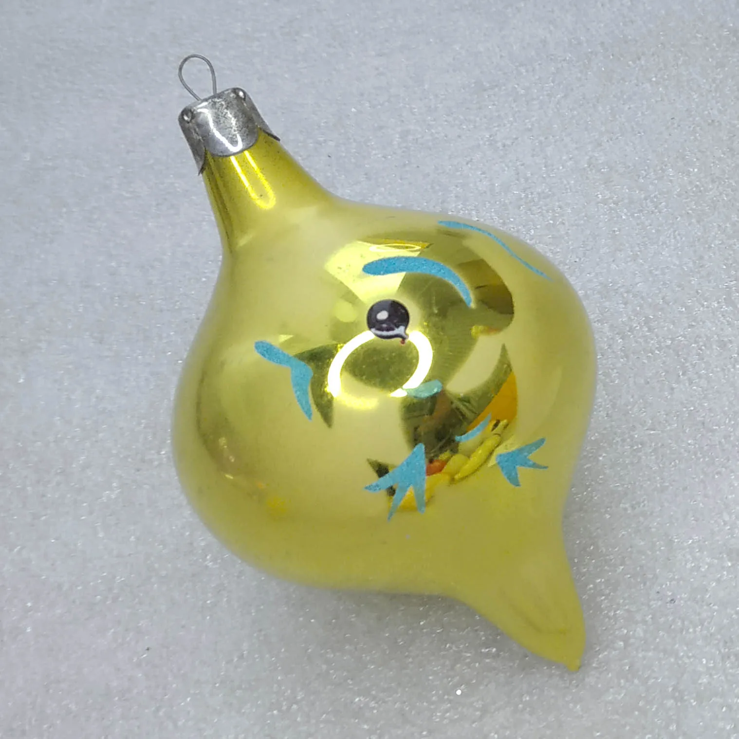Vintage Glass Christmas Ornament Yellow Top Duck Bird Pattern USSR