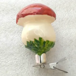 Antique Soviet Glass Mushroom Clip-On Ornament White Inside Paint Christmas Decor
