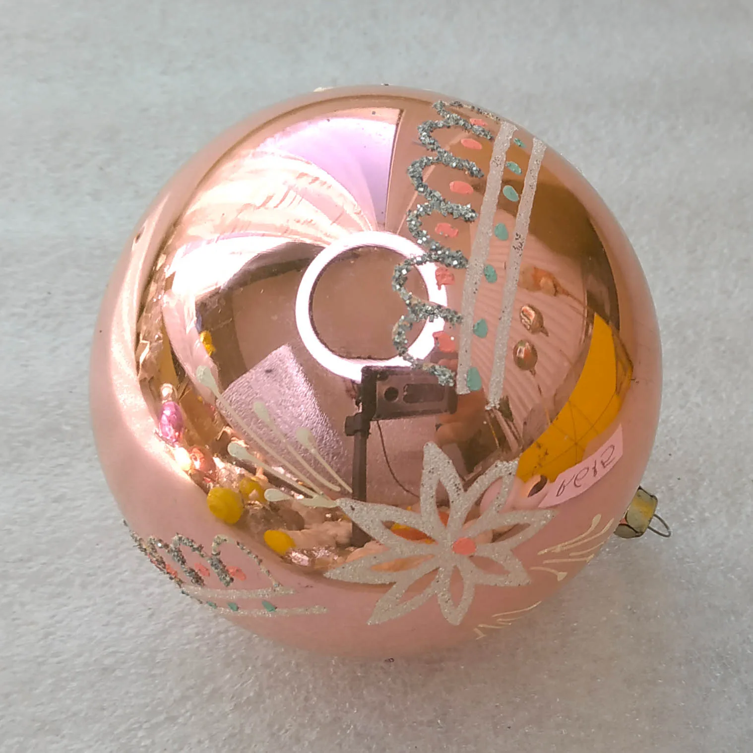 Vintage Glass Christmas Ball Ornament Pink Abstract Patterns USSR Retro