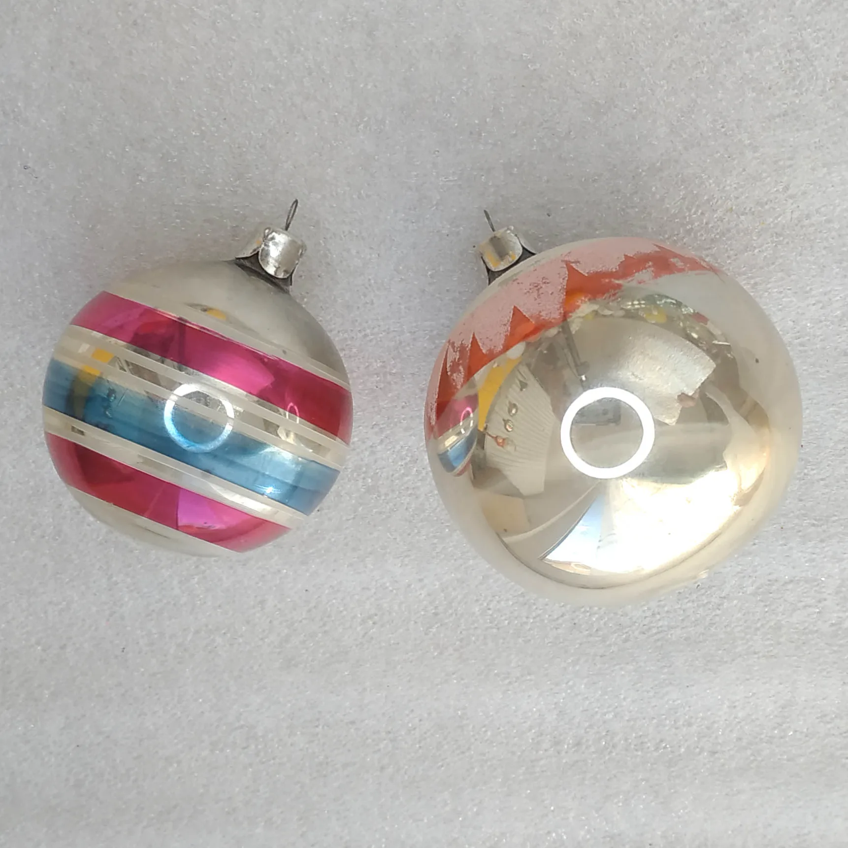 Set of 2 Vintage Mercury Glass Christmas Ornaments Striped Silver Balls MCM Retro Decor