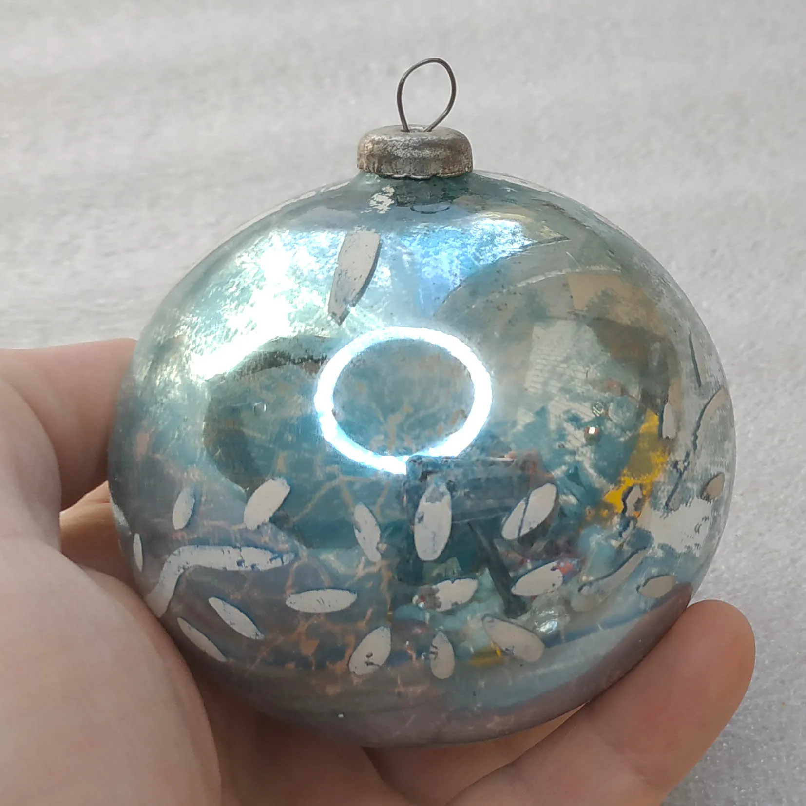 Early USSR Christmas Ornament Heavy Thick Glass Ball Hand Painted Artel Era