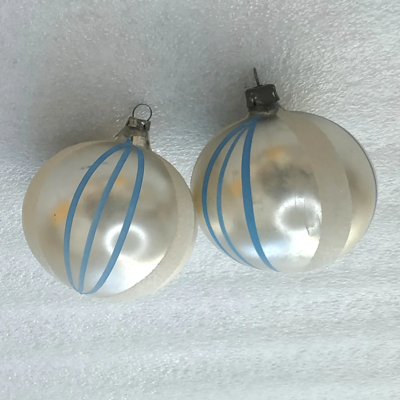Set of 2 Vtg GDR East German Glass Christmas Ornaments Frosted White & Blue Stripe Ball