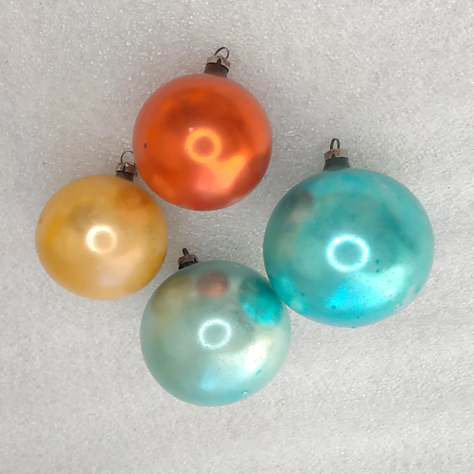 Set of 4 Vtg GDR East German Glass Christmas Ornaments Orange Blue Yellow Mercury Balls