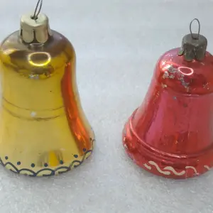 Vintage Mercury Glass Bells Set of 2 Red & Gold Christmas Ornaments with Tongues