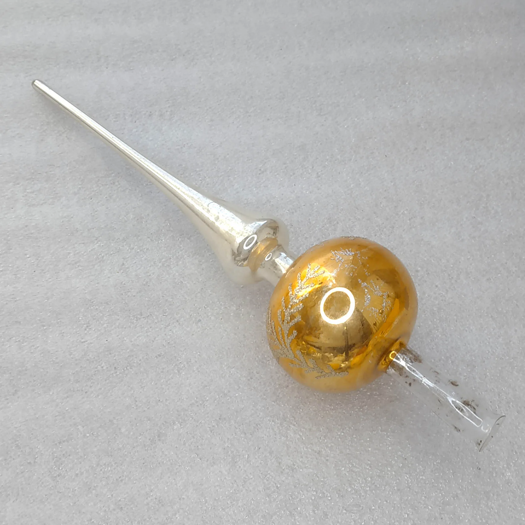 Vintage Glass Christmas Tree Topper 11.6" Gold Silver Frosted Spire Ornament