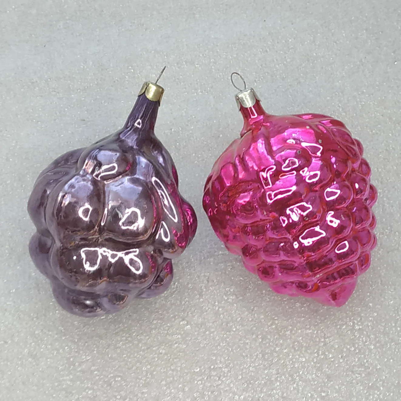 Vtg Mercury Glass Berry Ornaments 3.5 inch Pink Purple Raspberry Fruit Set of 2