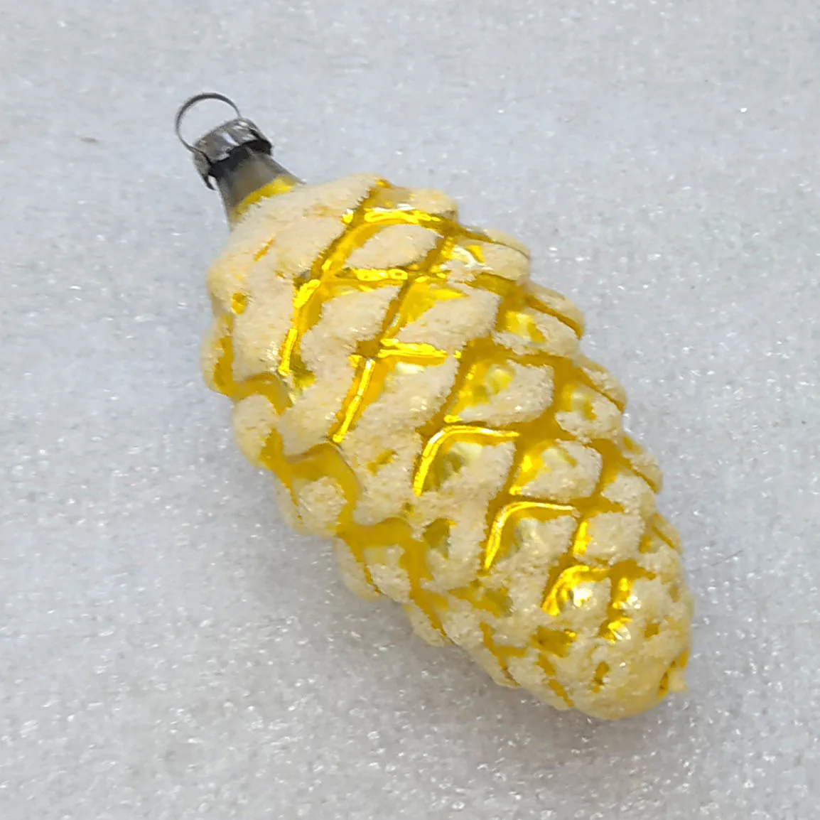 Vtg Mercury Glass Pinecone Christmas Ornament Yellow Sugar Frosting Snow Decor