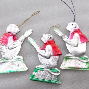Set of 3 Vintage Russian Cardboard Christmas Ornaments Circus Monkeys