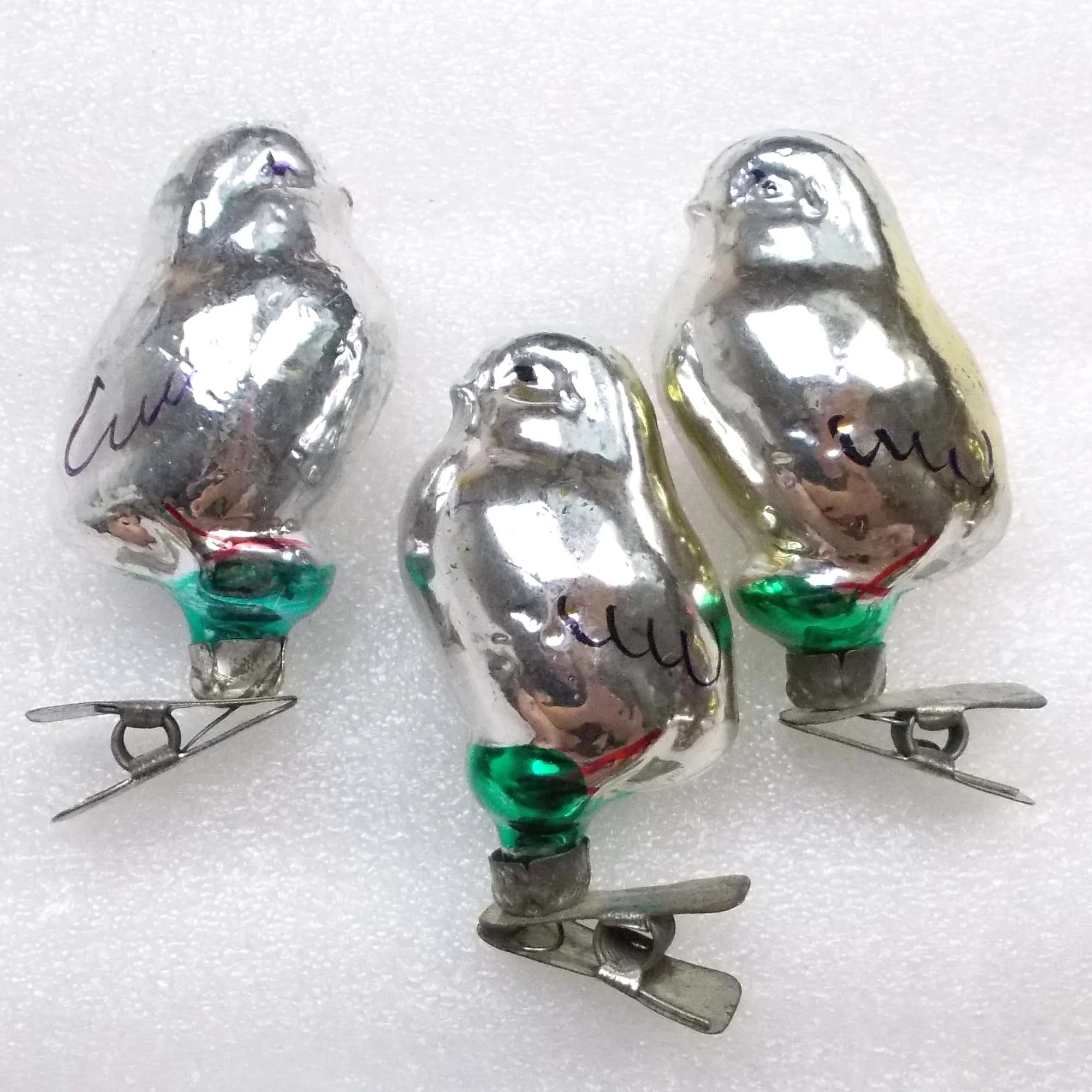 Set of 3 Vintage USSR Silver Glass Christmas Ornament Chickens