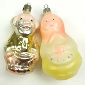 Set of 2 Vintage Russian Silver Glass Christmas Tree Ornament Grand Pa Ma