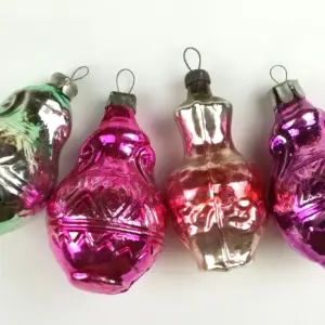 Set of 4 Vintage Russian Silver Glass Christmas Tree Ornaments Jugs