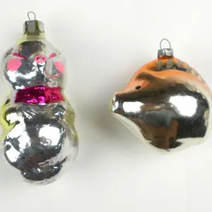 Set of 2 Vintage Russian Silver Glass Christmas Tree Ornaments Pig and Boar