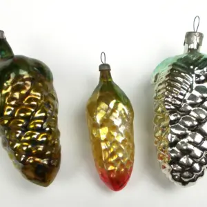 Set of 3 Vintage Russian Silver Glass Christmas Tree Ornaments Pinecones