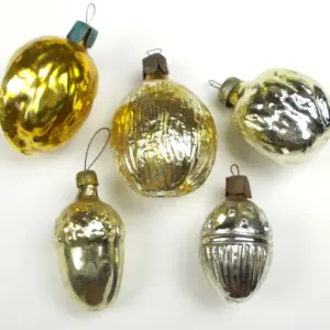 Set of 5 Vintage Glass Christmas Ornaments Acorns & Nuts