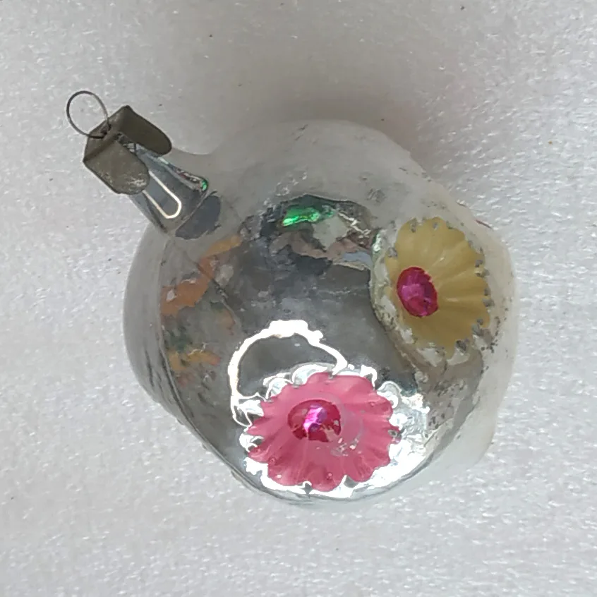 Vintage Christmas Silver Glass Ornament Tree USSR Antique Decor Flowers