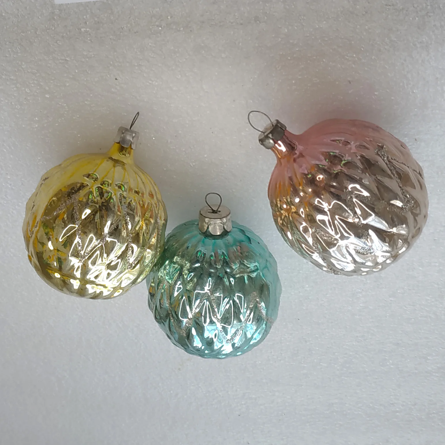 Set of 3 Vintage Christmas Silver Glass Ornaments Tree USSR Antique Decor Balls