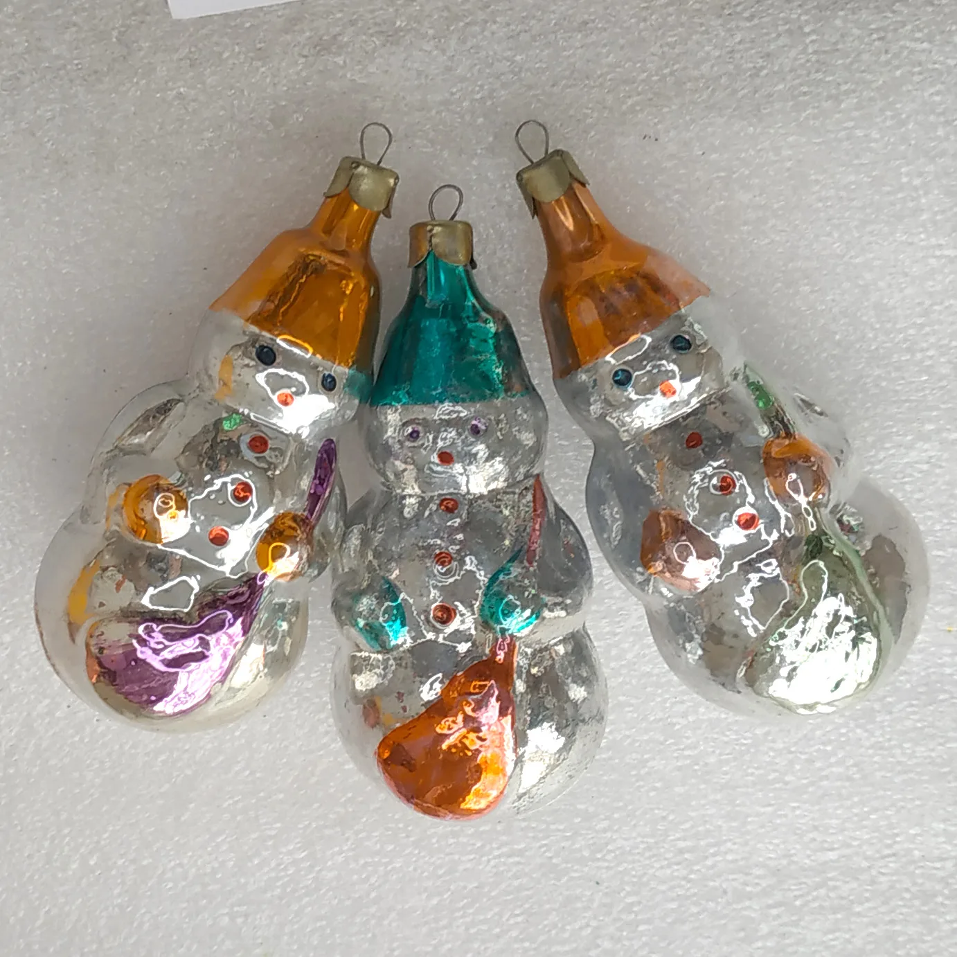 Set of 3 Vintage Christmas Silver Glass Ornaments Tree USSR Antique Decor Snowmen