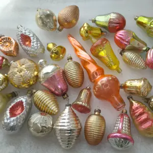 Set of 30 Vintage Christmas Silver Glass Ornaments Tree USSR Antique