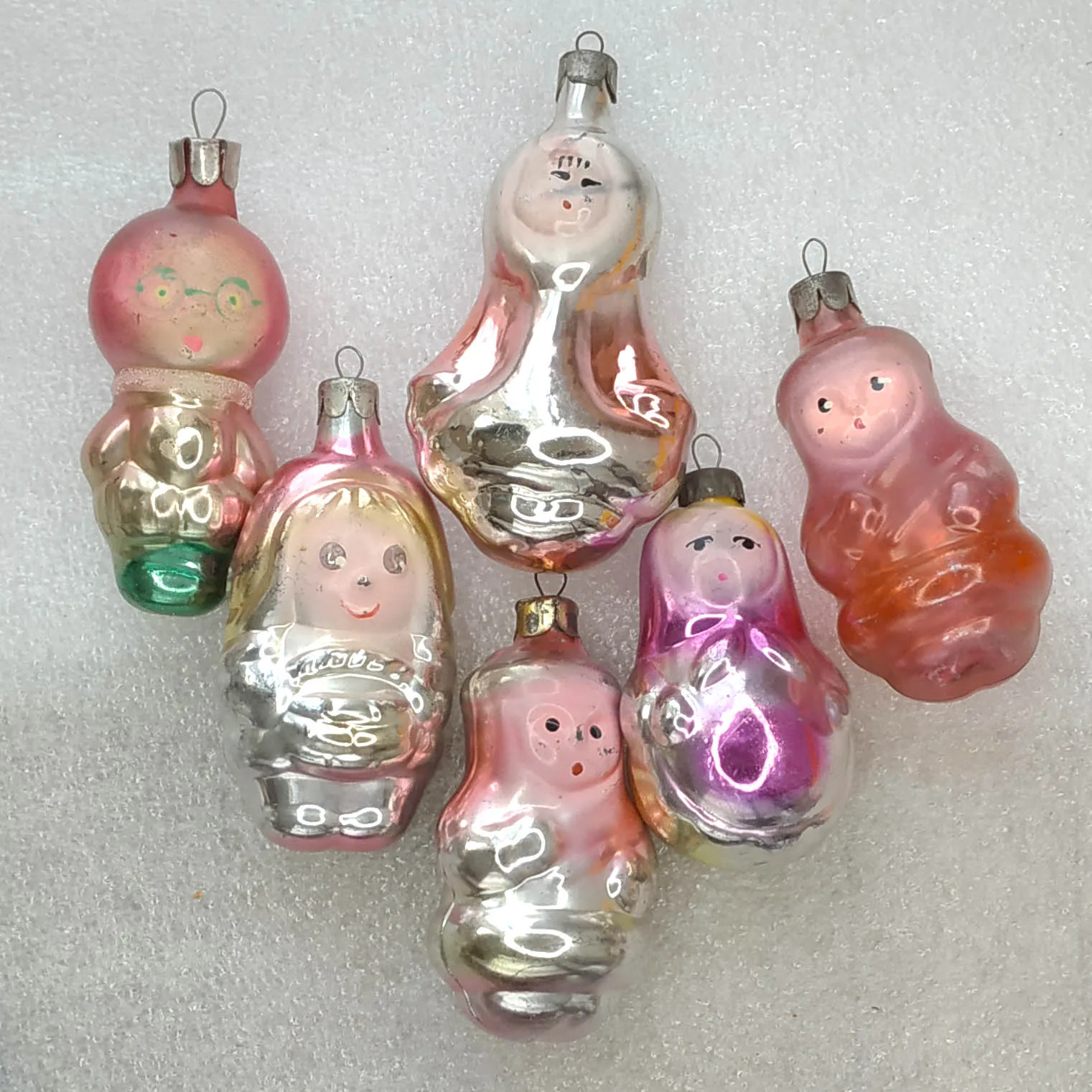 Set of 6 Vintage Christmas Silver Glass Ornaments USSR Antique Decor Characters