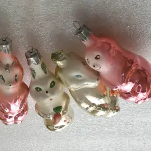 Set of 4 Vintage Christmas Silver Glass Ornament Tree USSR Antique Decor Animals