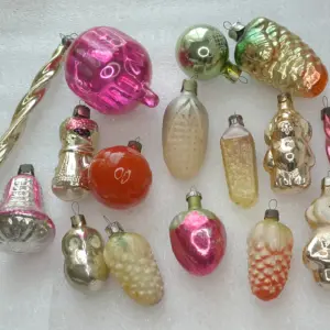 Set of 16 Vintage Silver Glass Christmas Ornaments Tree USSR Antique