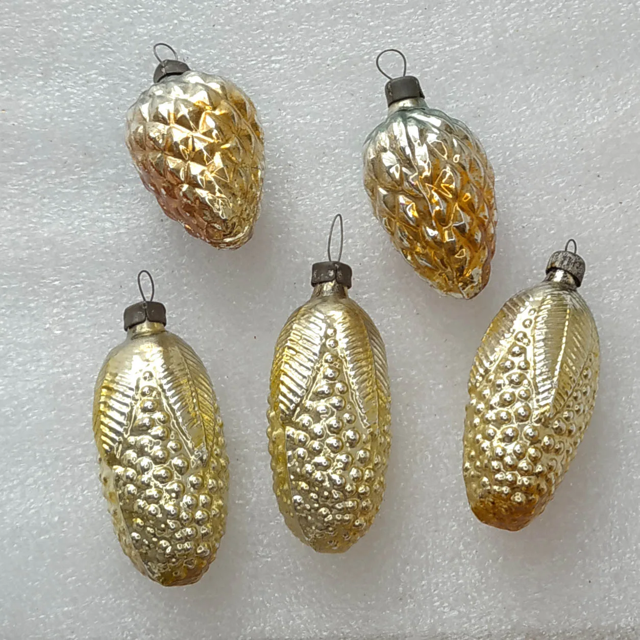 Set of 5 Vintage Silver Glass Christmas USSR Ornaments Antique Pinecone