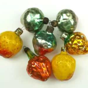 Set of 7 Vintage USSR Glass Christmas Ornaments Strawberry