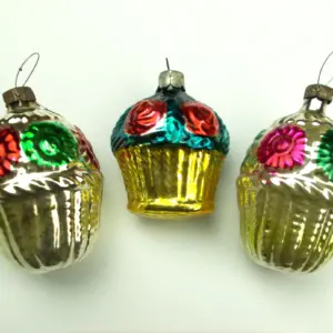 Set of 3 Vintage Glass Christmas Ornaments Decor Baskets & Flowers