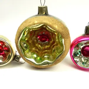 Set of 3 Antique Vintage USSR Silver Glass Christmas Tree Ornaments Lanterns