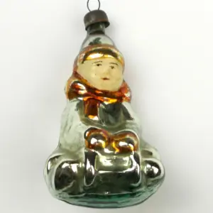 Vintage Glass Christmas Ornament Boy on Sledge