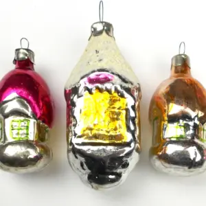 Set of 3 Vintage USSR Silver Glass Christmas Tree Ornament House