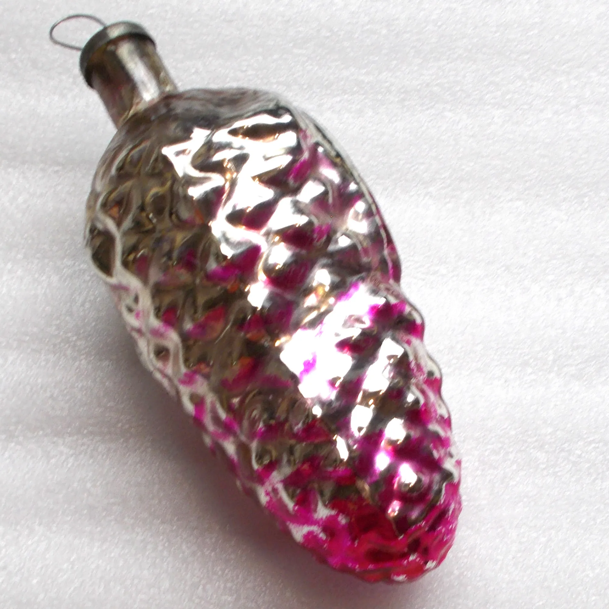Huge Vintage Russian Silver Glass Christmas Ornament BIG Pinecone