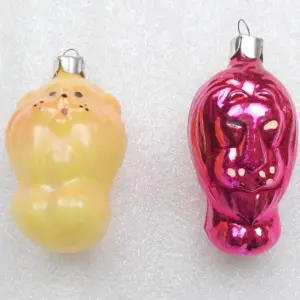 Set of 2 Vintage USSR Silver Glass Christmas Tree Ornament Lions