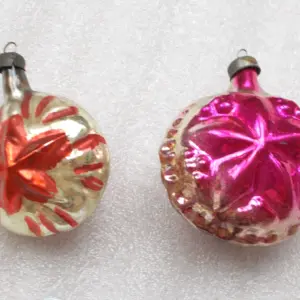 Set of 2 Vintage Russian Silver Glass Christmas Ornaments Red Star