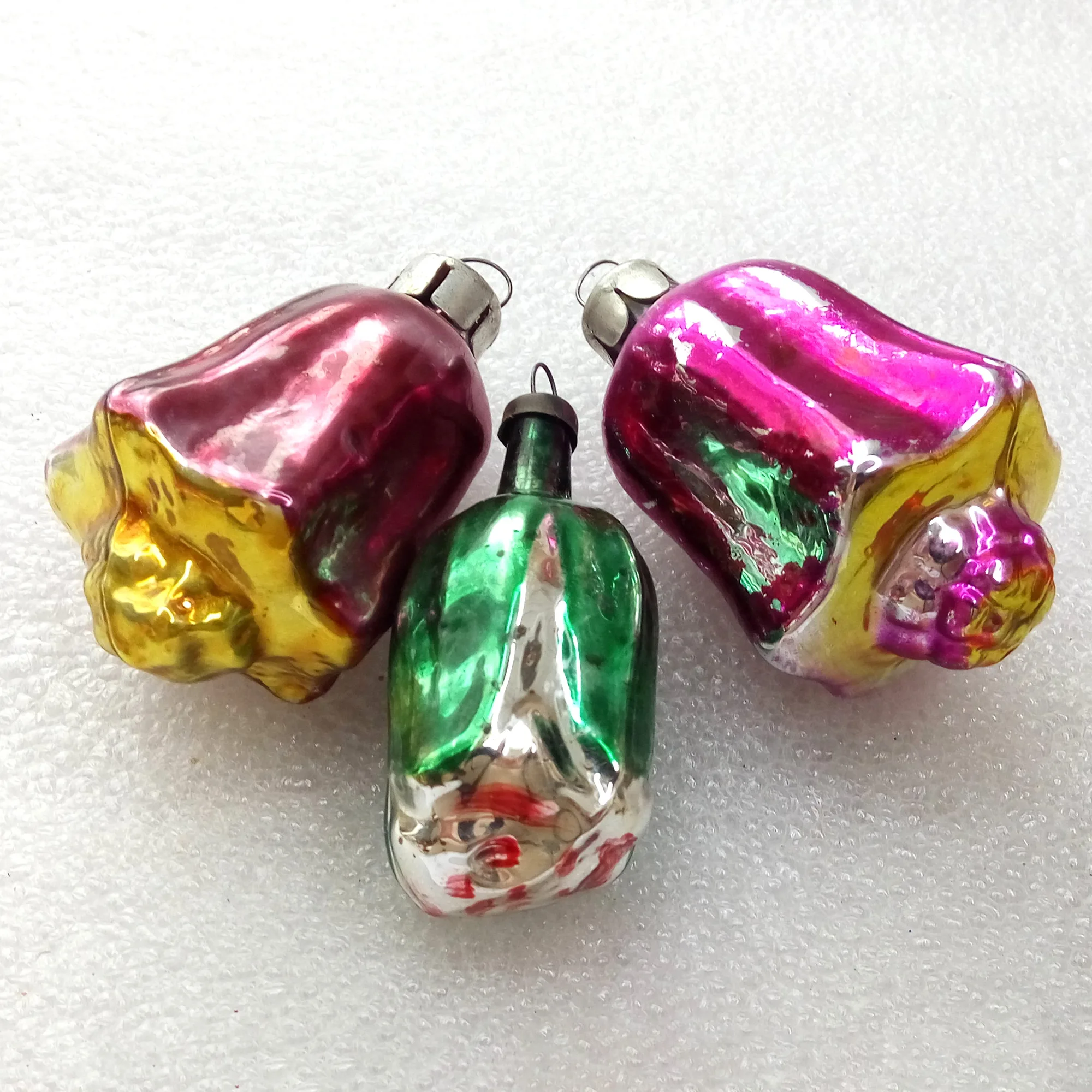 Set of 3 Antique Vintage Glass Christmas Ornaments Flowers